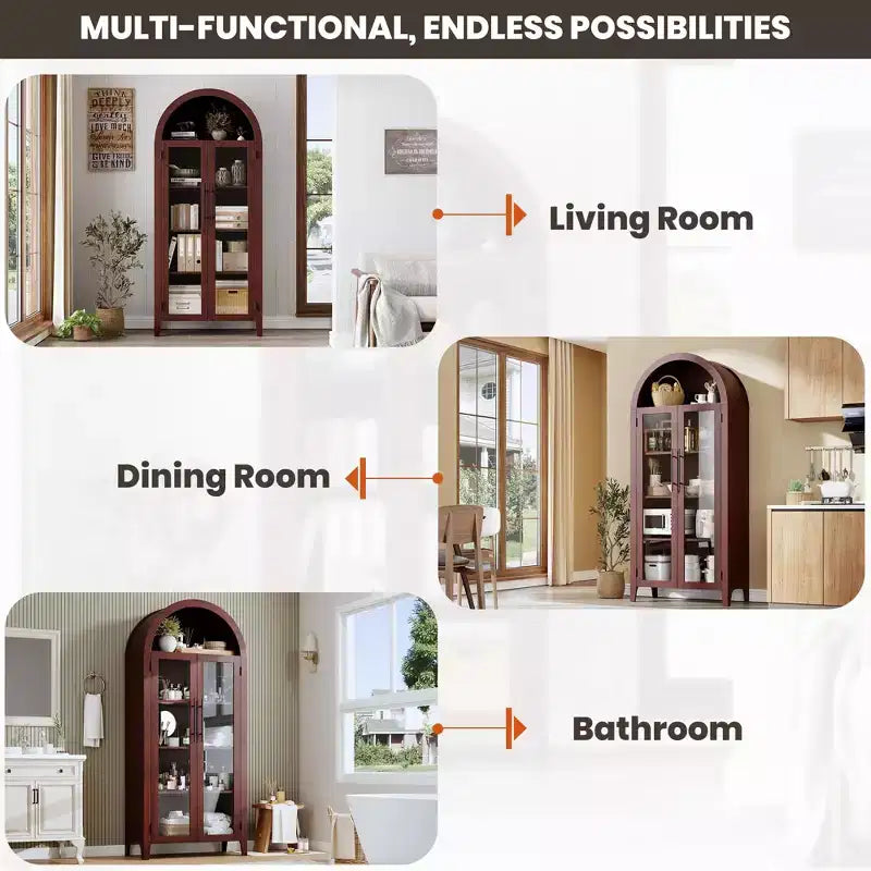Tall Arched Storage Cabinet with Glass Doors, 5-Tier Display Bookcase with Adjustable Shelves for Kitchen or Living Room