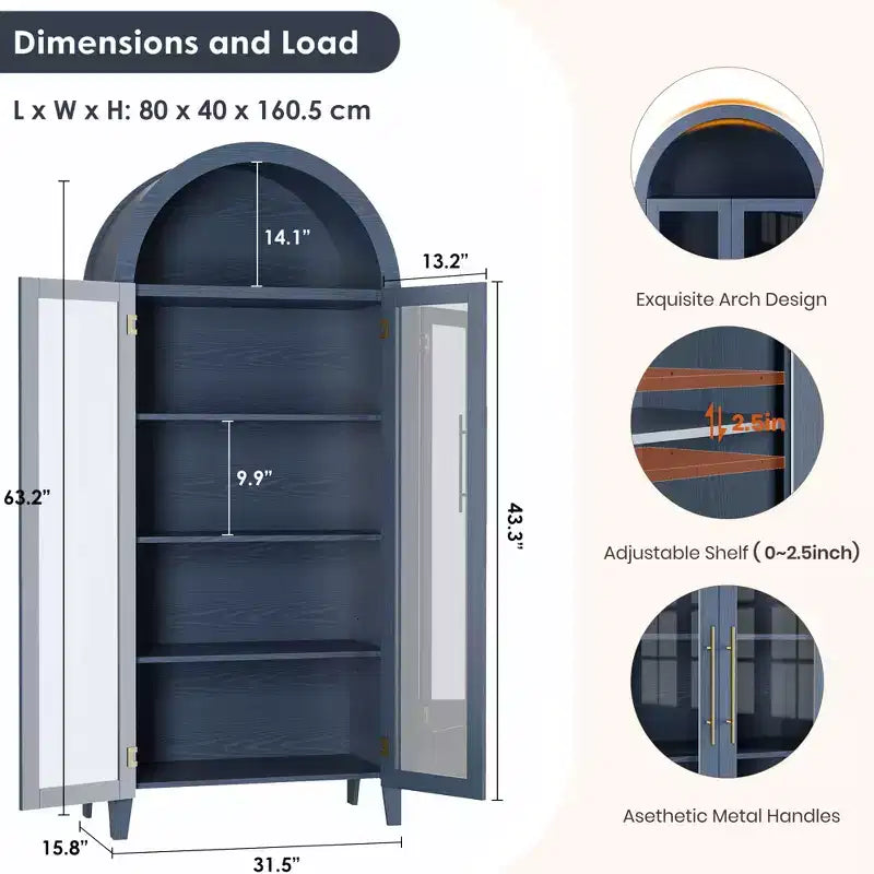 Tall Arched Storage Cabinet with Glass Doors, 5-Tier Display Bookcase with Adjustable Shelves for Kitchen or Living Room