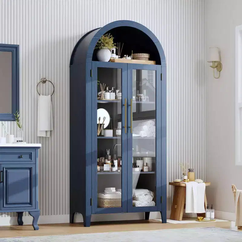 Tall Arched Storage Cabinet with Glass Doors, 5-Tier Display Bookcase with Adjustable Shelves for Kitchen or Living Room