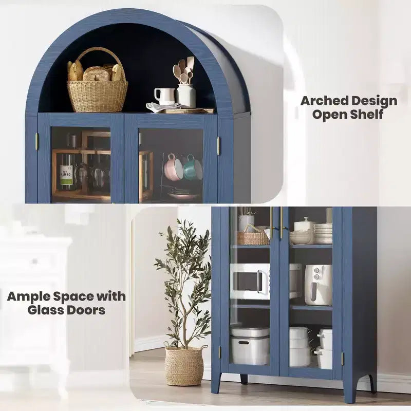 Tall Arched Storage Cabinet with Glass Doors, 5-Tier Display Bookcase with Adjustable Shelves for Kitchen or Living Room