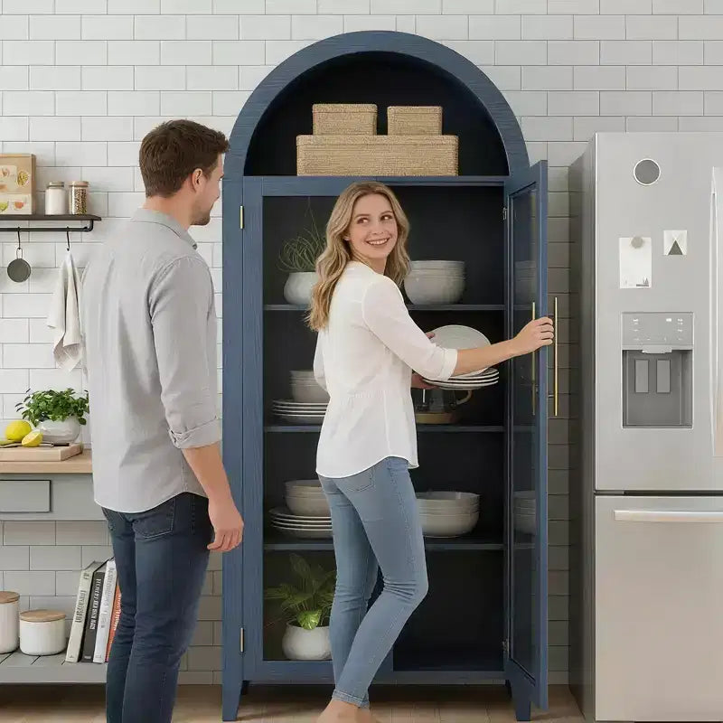 Tall Arched Storage Cabinet with Glass Doors, 5-Tier Display Bookcase with Adjustable Shelves for Kitchen or Living Room