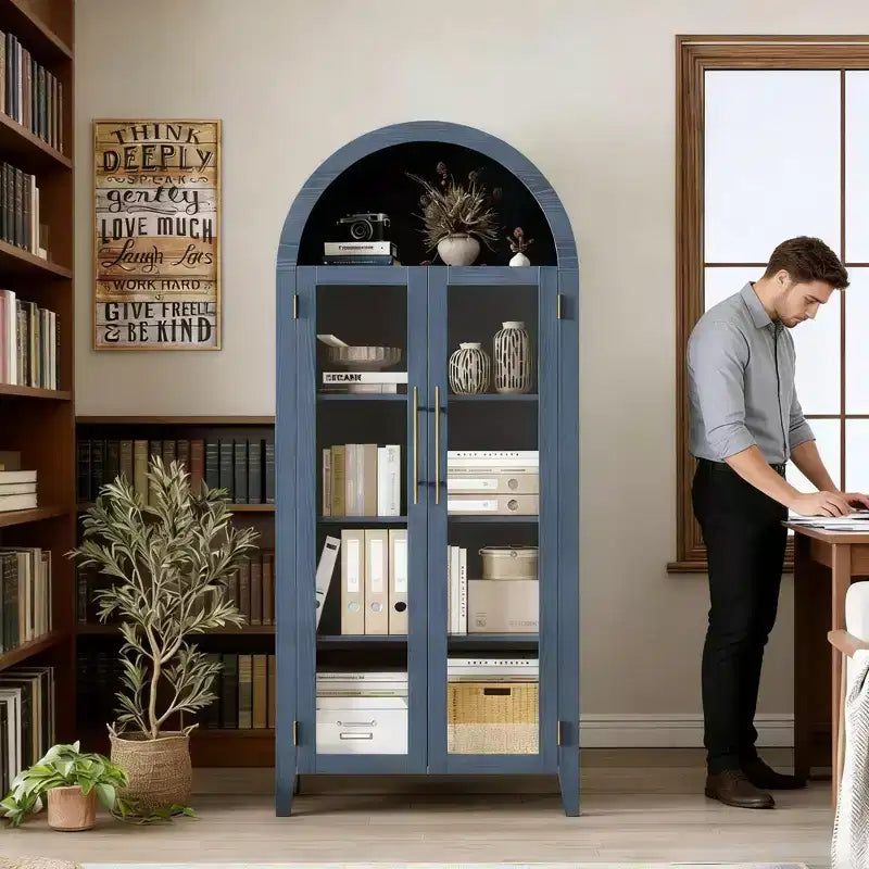Tall Arched Storage Cabinet with Glass Doors, 5-Tier Display Bookcase with Adjustable Shelves for Kitchen or Living Room