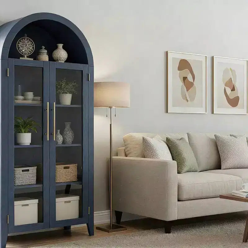 Tall Arched Storage Cabinet with Glass Doors, 5-Tier Display Bookcase with Adjustable Shelves for Kitchen or Living Room