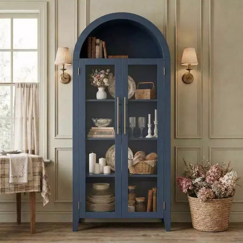 Tall Arched Storage Cabinet with Glass Doors, 5-Tier Display Bookcase with Adjustable Shelves for Kitchen or Living Room