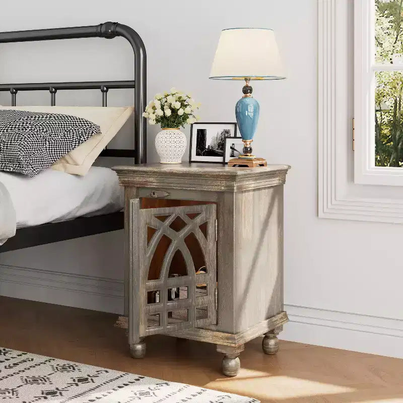 Antique Grey Wood Stylish Functional Nightstand for Bedroom Living Room