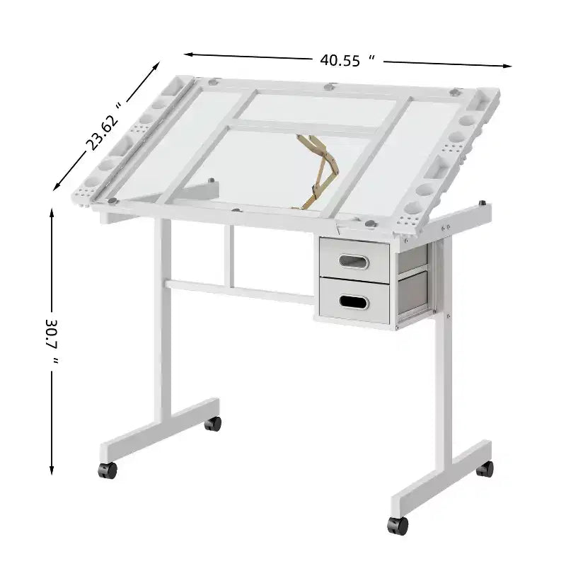 GDFStudio Magdalena Modern Metal Adjustable Drafting Desk with Tempered Glass, 2 Fabric Drawers and 4 Wheels