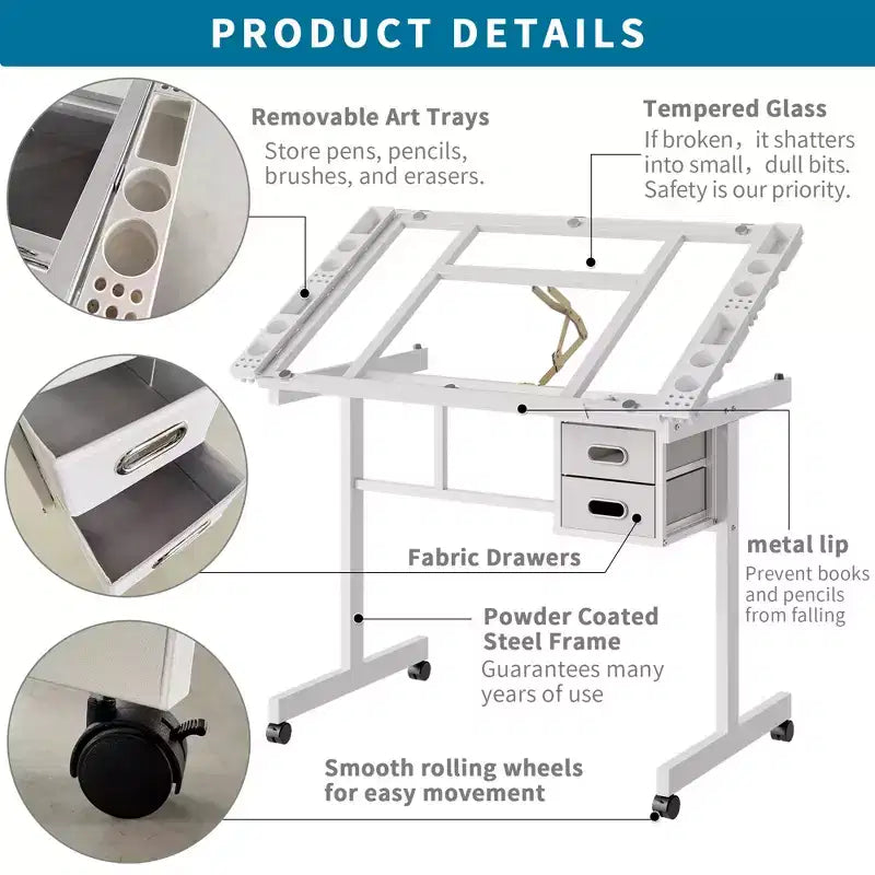 GDFStudio Magdalena Modern Metal Adjustable Drafting Desk with Tempered Glass, 2 Fabric Drawers and 4 Wheels