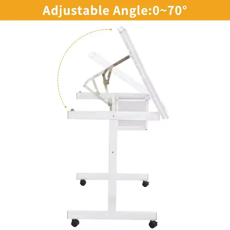 GDFStudio Magdalena Modern Metal Adjustable Drafting Desk with Tempered Glass, 2 Fabric Drawers and 4 Wheels
