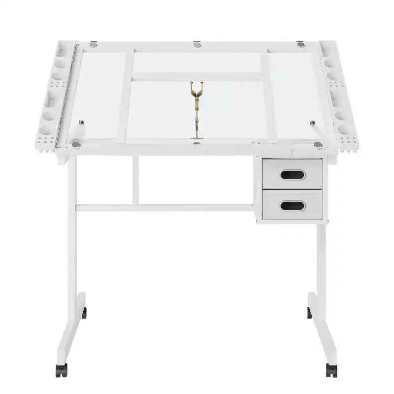GDFStudio Magdalena Modern Metal Adjustable Drafting Desk with Tempered Glass, 2 Fabric Drawers and 4 Wheels