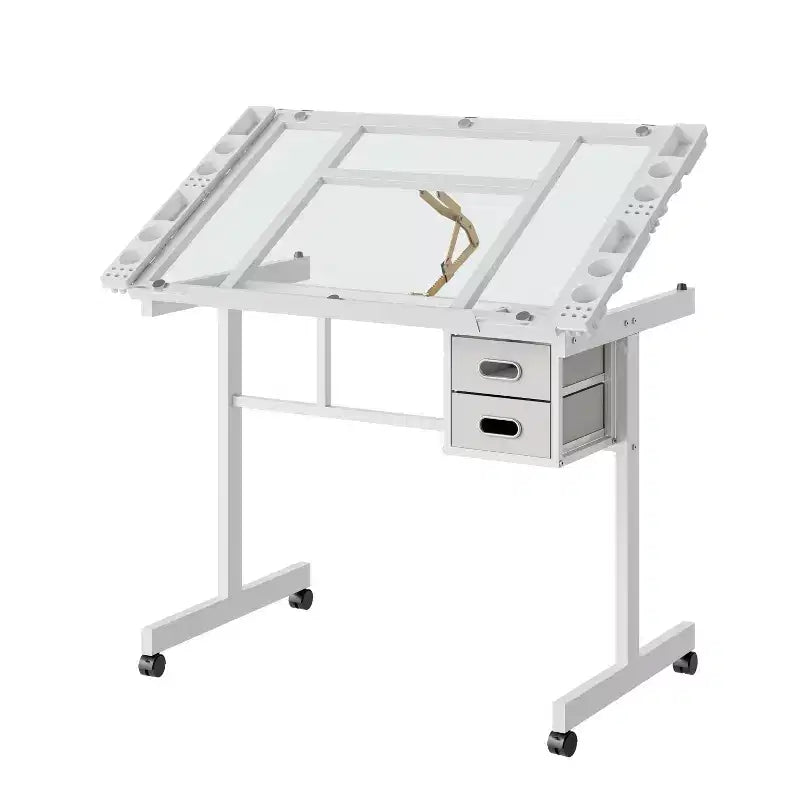 GDFStudio Magdalena Modern Metal Adjustable Drafting Desk with Tempered Glass, 2 Fabric Drawers and 4 Wheels