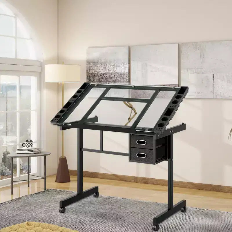 GDFStudio Magdalena Modern Metal Adjustable Drafting Desk with Tempered Glass, 2 Fabric Drawers and 4 Wheels