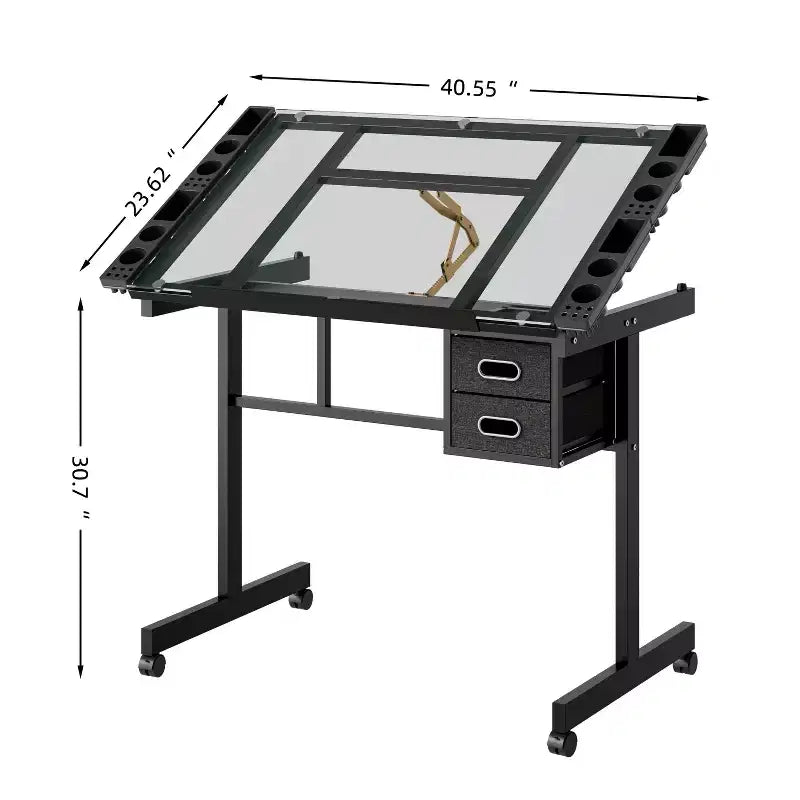 GDFStudio Magdalena Modern Metal Adjustable Drafting Desk with Tempered Glass, 2 Fabric Drawers and 4 Wheels