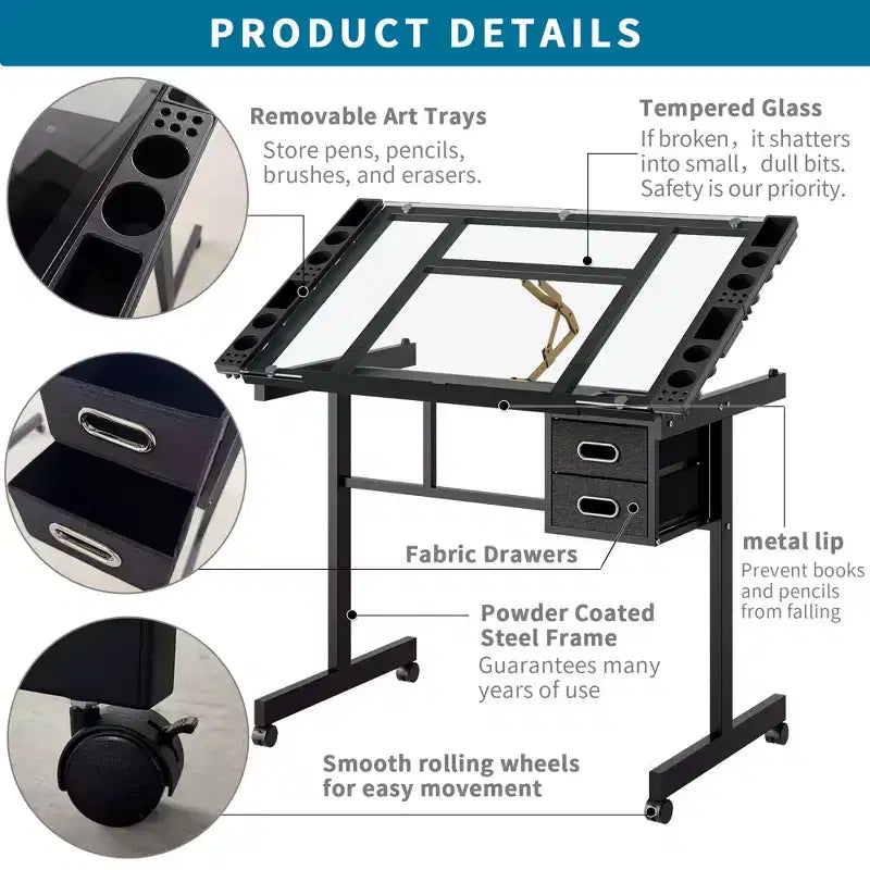 GDFStudio Magdalena Modern Metal Adjustable Drafting Desk with Tempered Glass, 2 Fabric Drawers and 4 Wheels