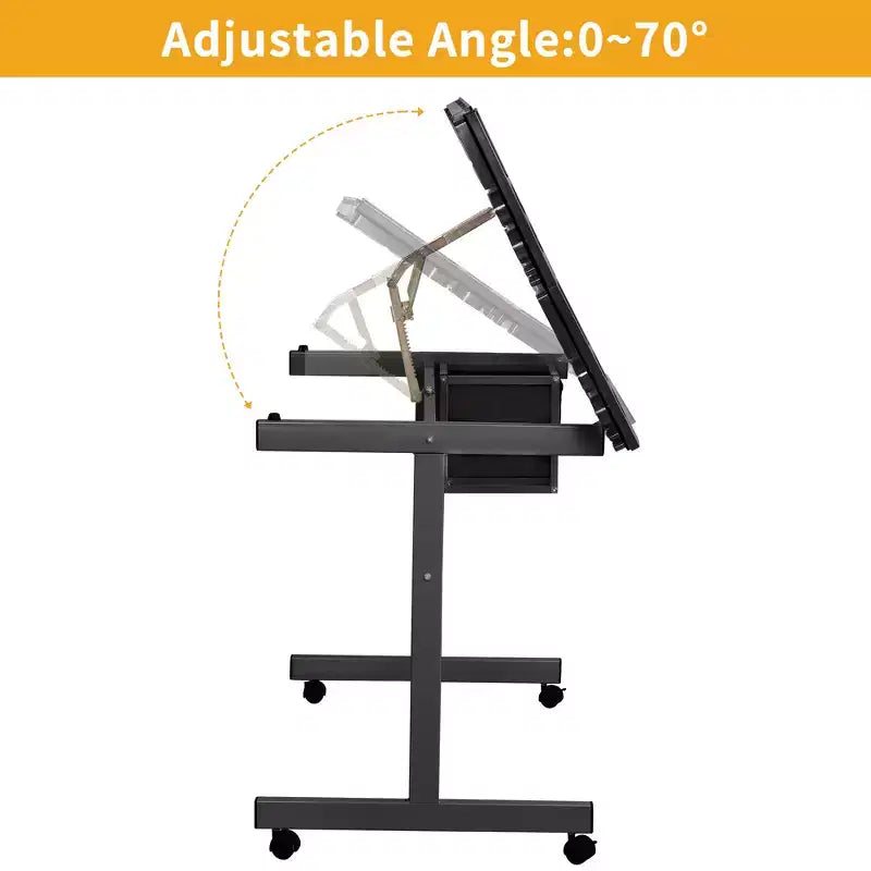 GDFStudio Magdalena Modern Metal Adjustable Drafting Desk with Tempered Glass, 2 Fabric Drawers and 4 Wheels