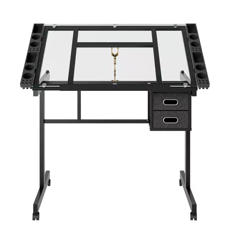 GDFStudio Magdalena Modern Metal Adjustable Drafting Desk with Tempered Glass, 2 Fabric Drawers and 4 Wheels