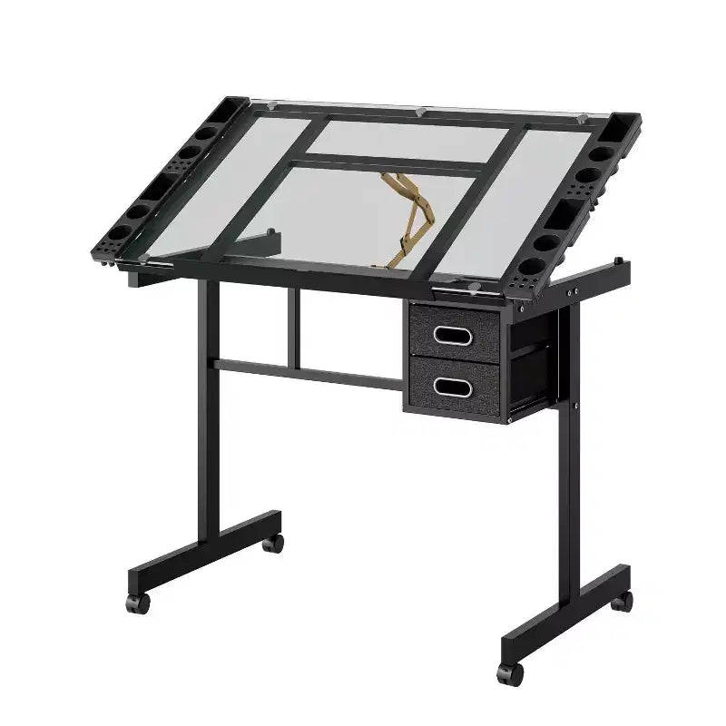 GDFStudio Magdalena Modern Metal Adjustable Drafting Desk with Tempered Glass, 2 Fabric Drawers and 4 Wheels