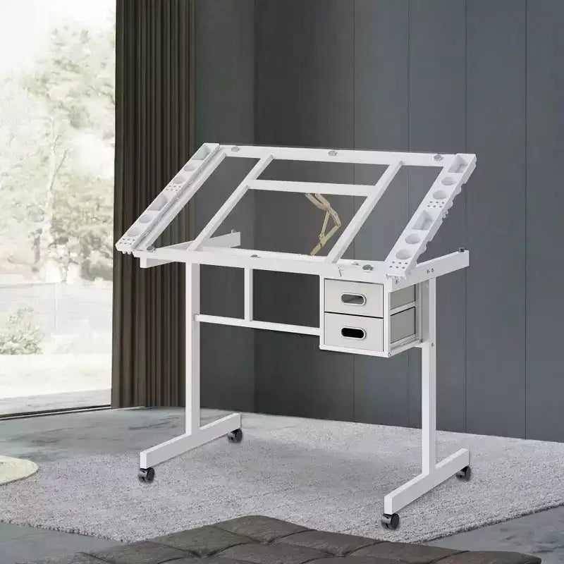 GDFStudio Magdalena Modern Metal Adjustable Drafting Desk with Tempered Glass, 2 Fabric Drawers and 4 Wheels