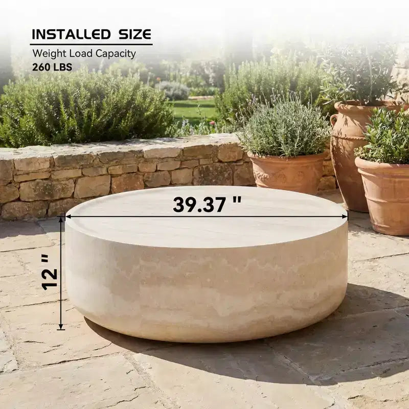 JVNOXK 39.37'' Round Faux Travertine Texture Coffee Table, Modern Faux Marble Pattern Living Room Table (No Assembly Needed)