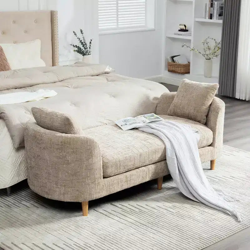 Upholstered Bench Padded Bed End Bench Chenille Chaise Lounge Couch Minimalist Entryway Bench Footstool with Soft Cushion & Pillow - ModernLuxe