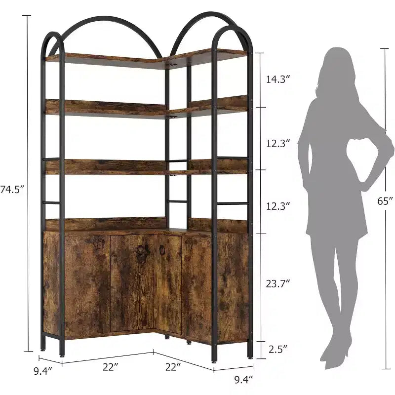 6-Tier Corner Bookshelf 74H L-Shaped Bookcase with Cabinet Doors Storage for Living Room Home Office