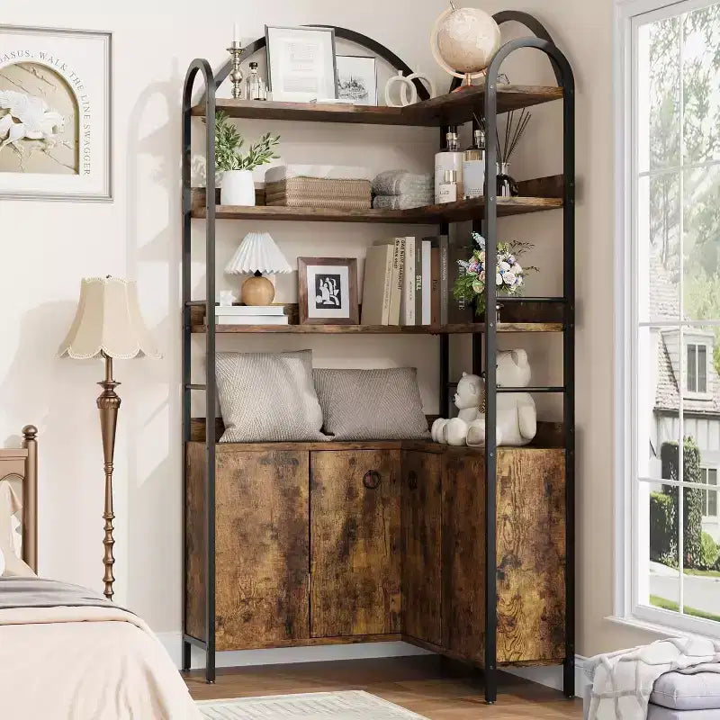 6-Tier Corner Bookshelf 74H L-Shaped Bookcase with Cabinet Doors Storage for Living Room Home Office