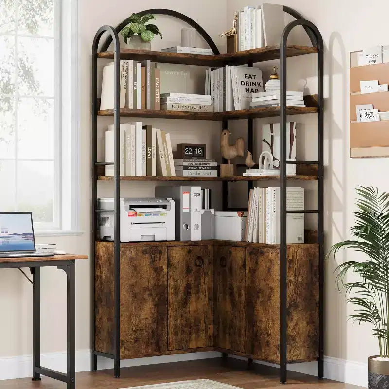6-Tier Corner Bookshelf 74H L-Shaped Bookcase with Cabinet Doors Storage for Living Room Home Office
