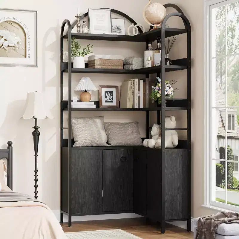 6-Tier Corner Bookshelf 74H L-Shaped Bookcase with Cabinet Doors Storage for Living Room Home Office