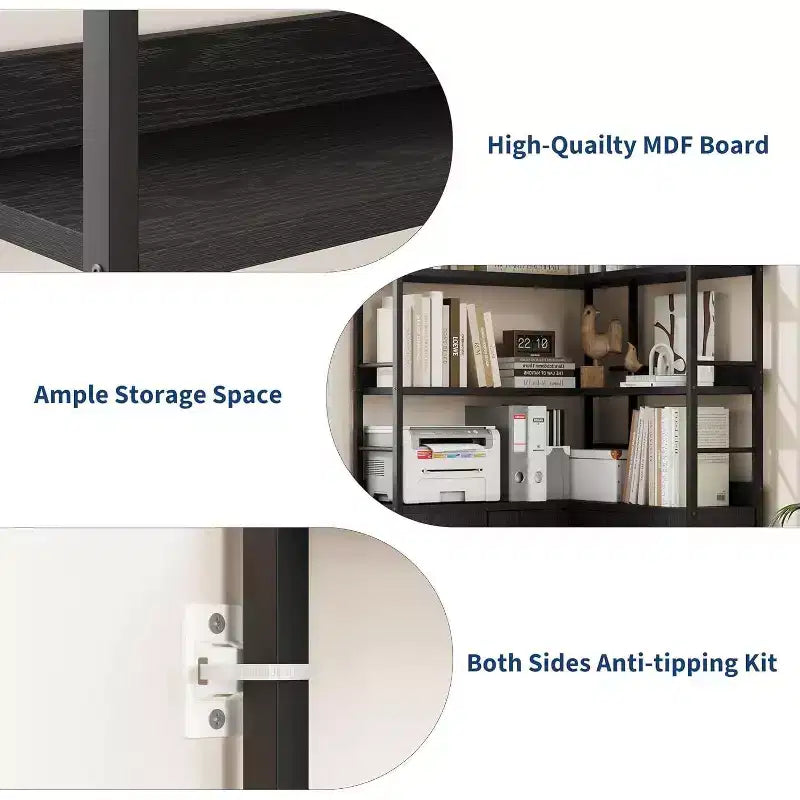 6-Tier Corner Bookshelf 74H L-Shaped Bookcase with Cabinet Doors Storage for Living Room Home Office