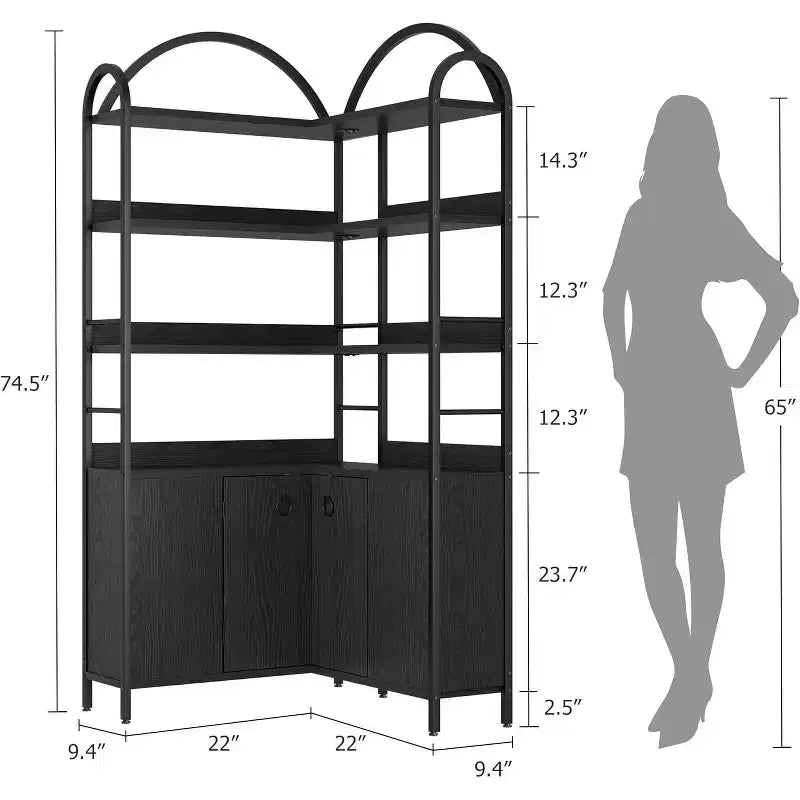 6-Tier Corner Bookshelf 74H L-Shaped Bookcase with Cabinet Doors Storage for Living Room Home Office
