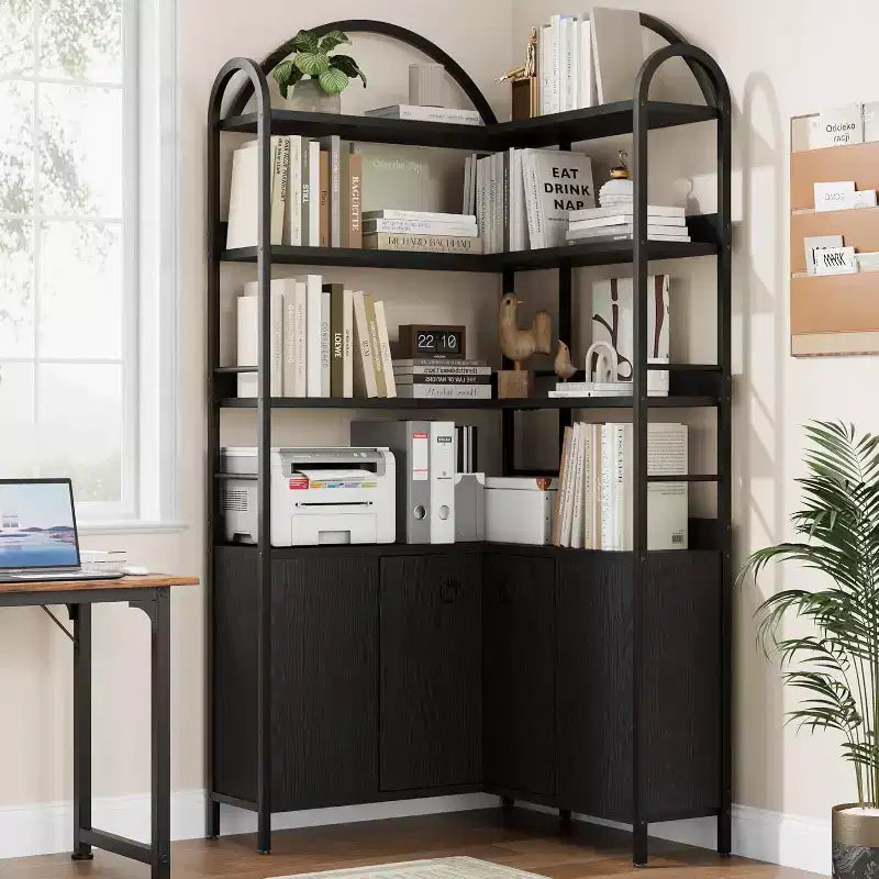 6-Tier Corner Bookshelf 74H L-Shaped Bookcase with Cabinet Doors Storage for Living Room Home Office