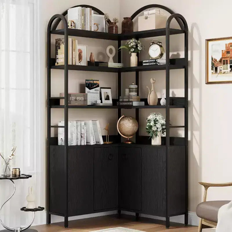 6-Tier Corner Bookshelf 74H L-Shaped Bookcase with Cabinet Doors Storage for Living Room Home Office
