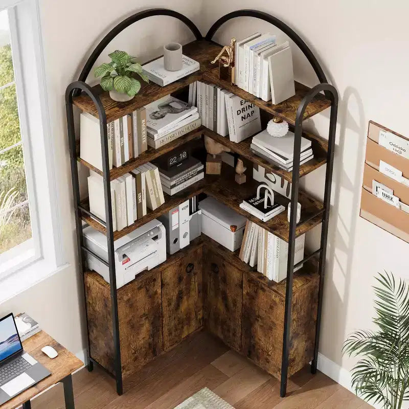 6-Tier Corner Bookshelf 74H L-Shaped Bookcase with Cabinet Doors Storage for Living Room Home Office