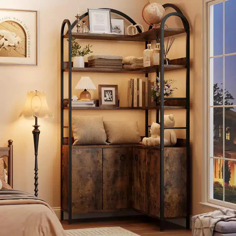 6-Tier Corner Bookshelf 74H L-Shaped Bookcase with Cabinet Doors Storage for Living Room Home Office
