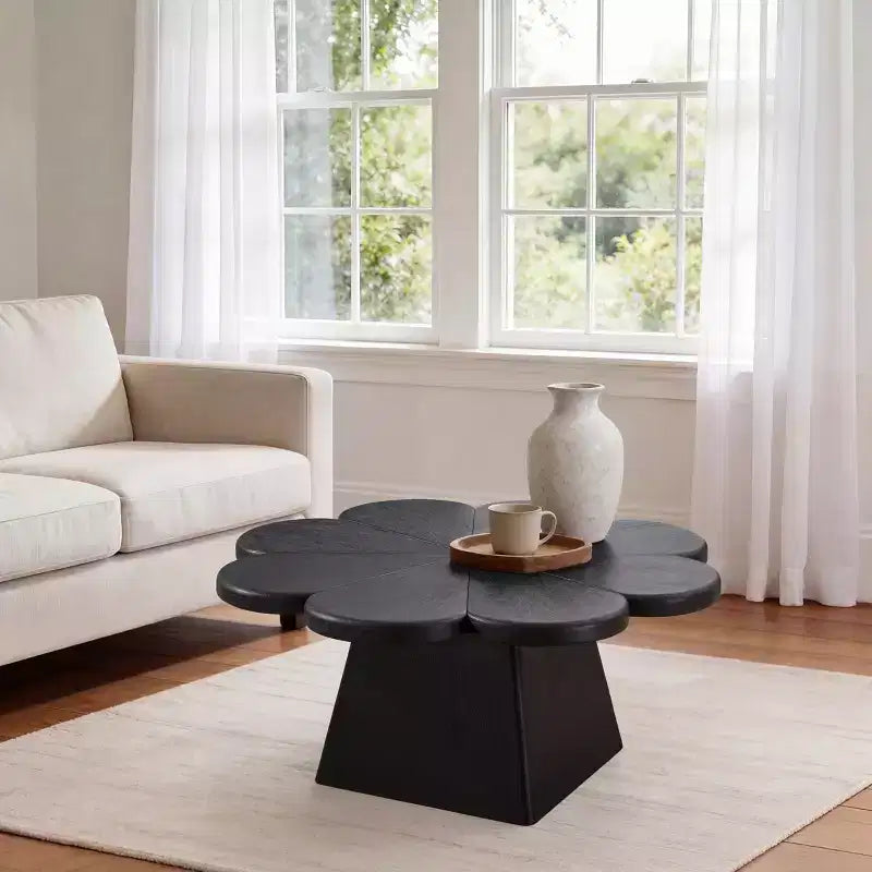 Art Leon Modern Coffee Table, Petal Shape Circle Center Table with Rubber Wood Base for Living Room