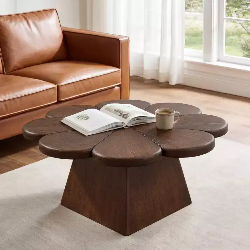 Art Leon Modern Coffee Table, Petal Shape Circle Center Table with Rubber Wood Base for Living Room