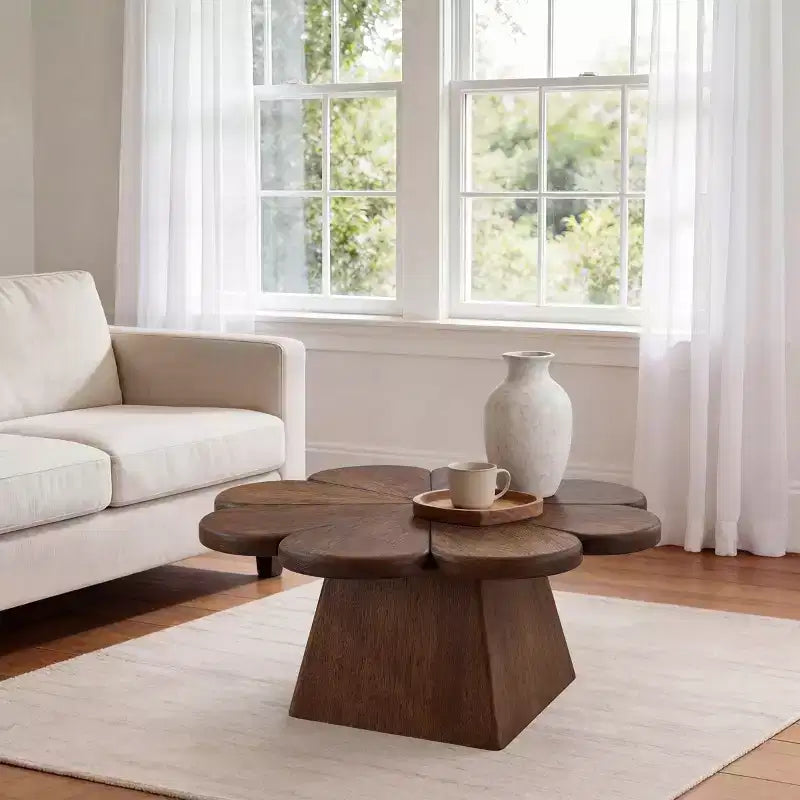 Art Leon Modern Coffee Table, Petal Shape Circle Center Table with Rubber Wood Base for Living Room