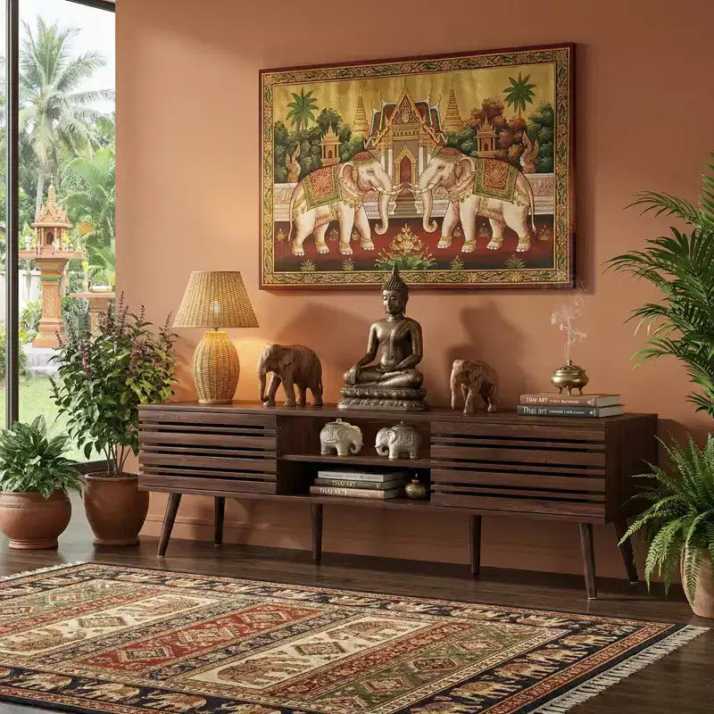 JVNOXK Mid Century Modern Fluted Wood TV Stand for 70 TVs with Storage & Cable Management