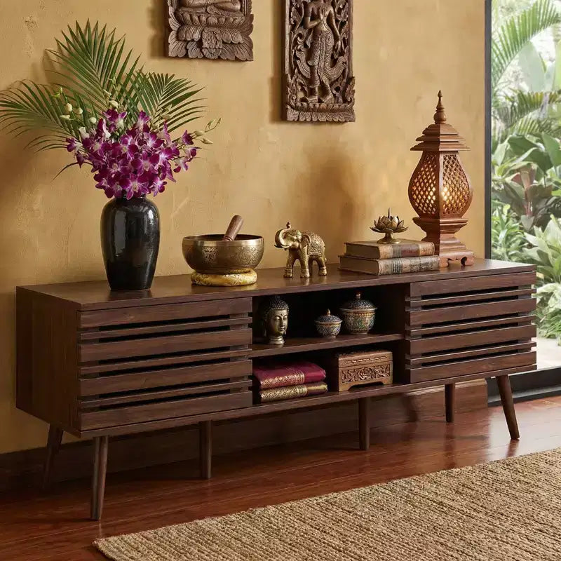 JVNOXK Mid Century Modern Fluted Wood TV Stand for 70 TVs with Storage & Cable Management