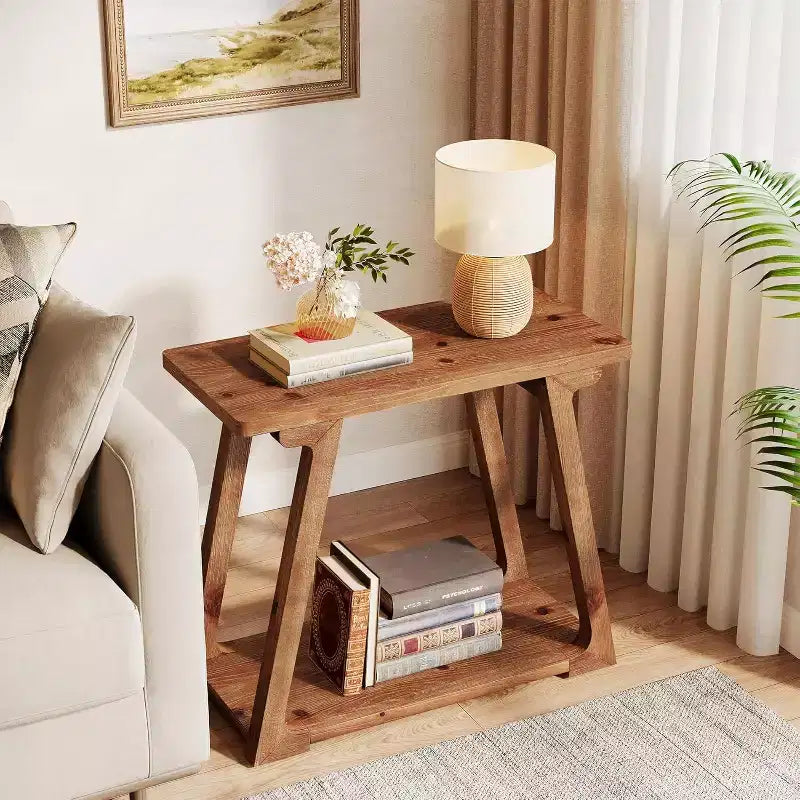 Lantine 2-Tier Solid Wood End Table, Rectangle Farmhouse Narrow Side Table with Trapezoidal Base for Living Room, Easy Assembly
