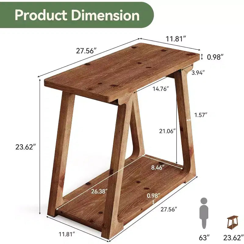 Lantine 2-Tier Solid Wood End Table, Rectangle Farmhouse Narrow Side Table with Trapezoidal Base for Living Room, Easy Assembly