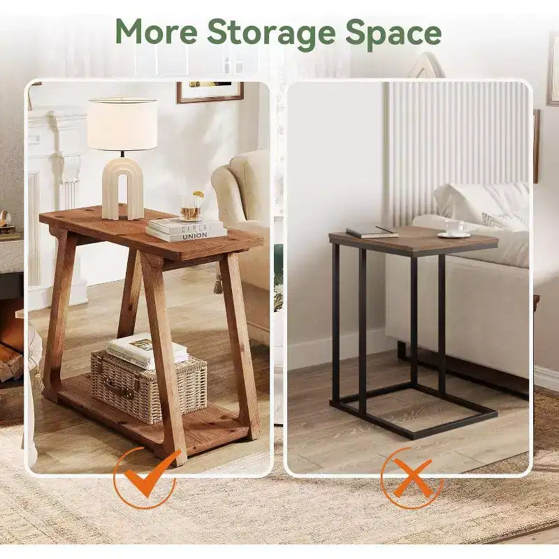 Lantine 2-Tier Solid Wood End Table, Rectangle Farmhouse Narrow Side Table with Trapezoidal Base for Living Room, Easy Assembly