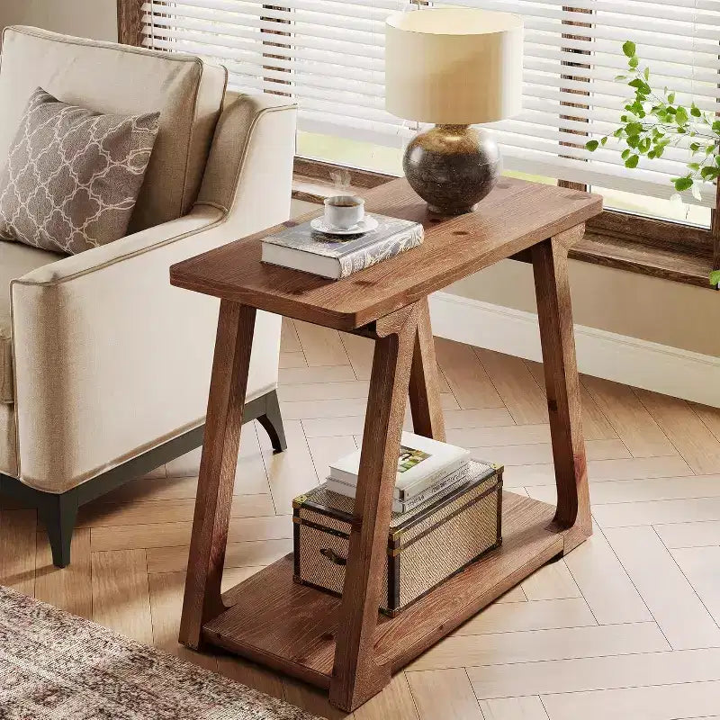 Lantine 2-Tier Solid Wood End Table, Rectangle Farmhouse Narrow Side Table with Trapezoidal Base for Living Room, Easy Assembly