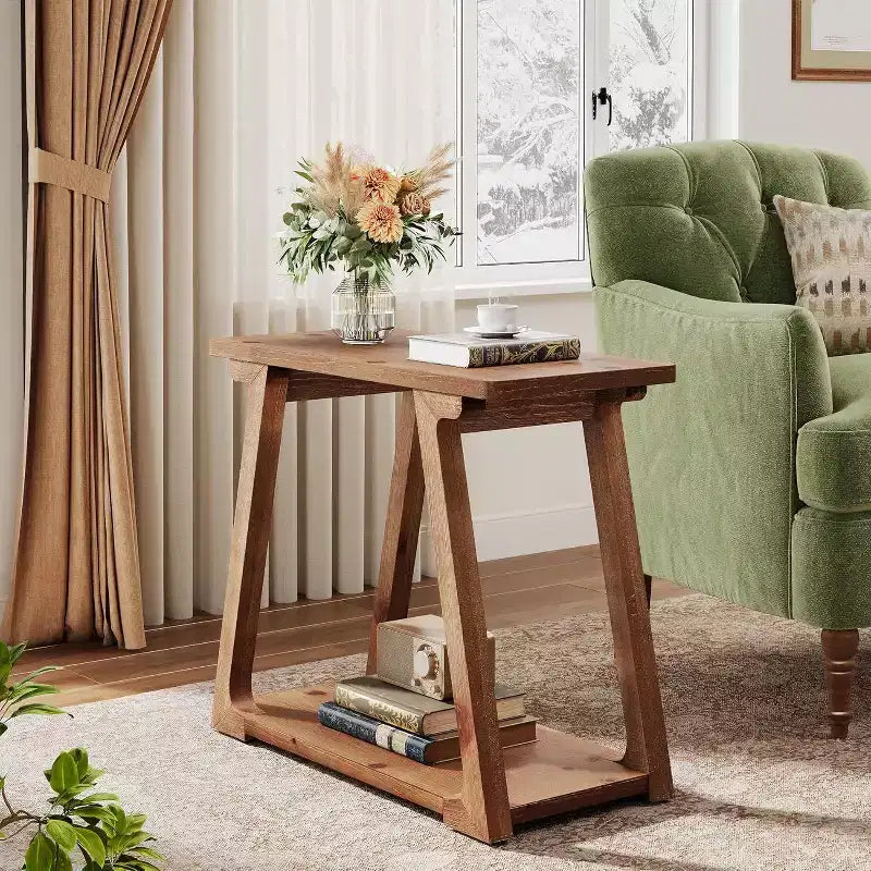 Lantine 2-Tier Solid Wood End Table, Rectangle Farmhouse Narrow Side Table with Trapezoidal Base for Living Room, Easy Assembly