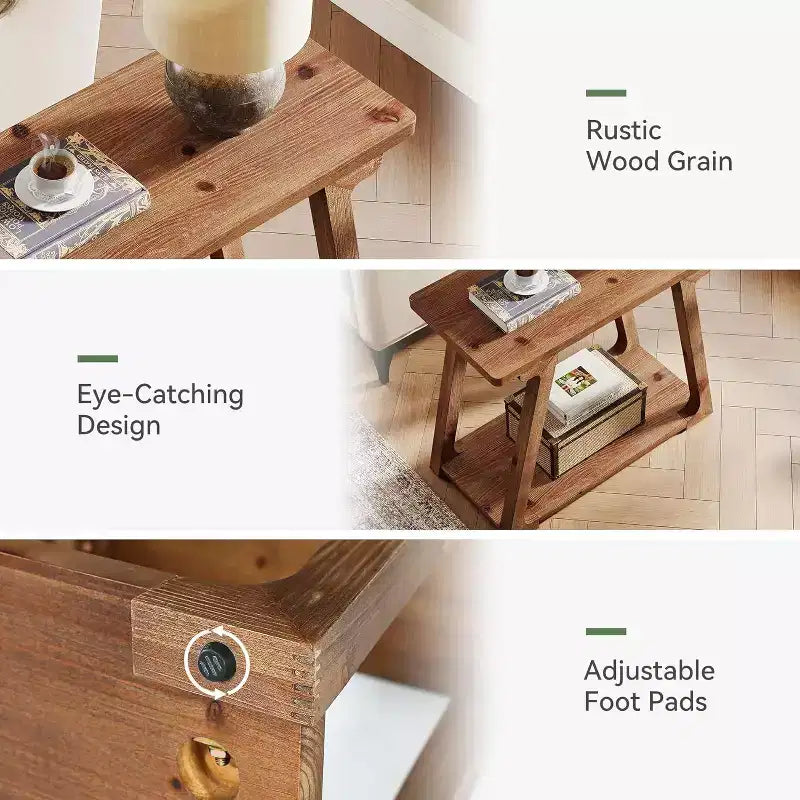 Lantine 2-Tier Solid Wood End Table, Rectangle Farmhouse Narrow Side Table with Trapezoidal Base for Living Room, Easy Assembly