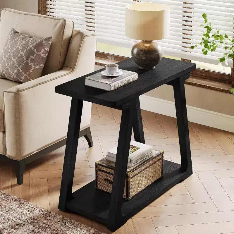 Lantine 2-Tier Solid Wood End Table, Rectangle Farmhouse Narrow Side Table with Trapezoidal Base for Living Room, Easy Assembly