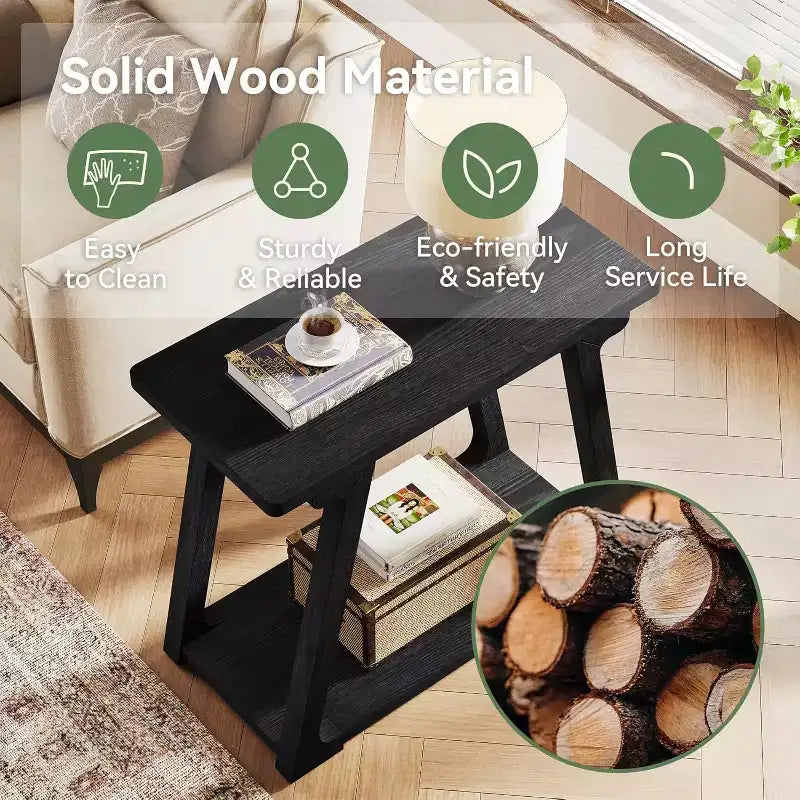 Lantine 2-Tier Solid Wood End Table, Rectangle Farmhouse Narrow Side Table with Trapezoidal Base for Living Room, Easy Assembly
