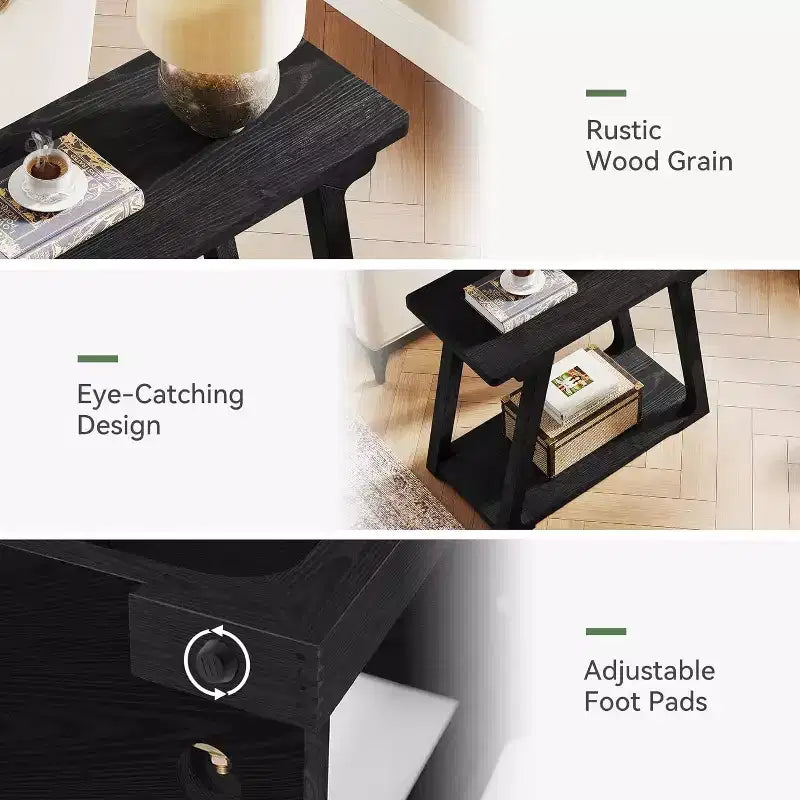 Lantine 2-Tier Solid Wood End Table, Rectangle Farmhouse Narrow Side Table with Trapezoidal Base for Living Room, Easy Assembly