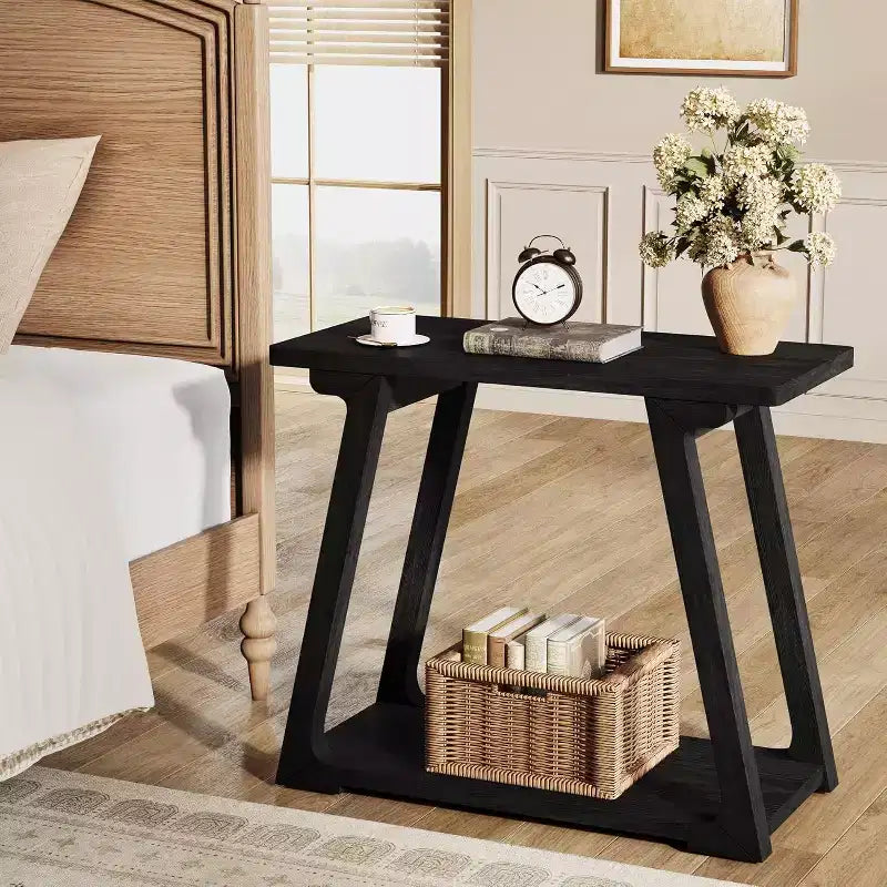 Lantine 2-Tier Solid Wood End Table, Rectangle Farmhouse Narrow Side Table with Trapezoidal Base for Living Room, Easy Assembly