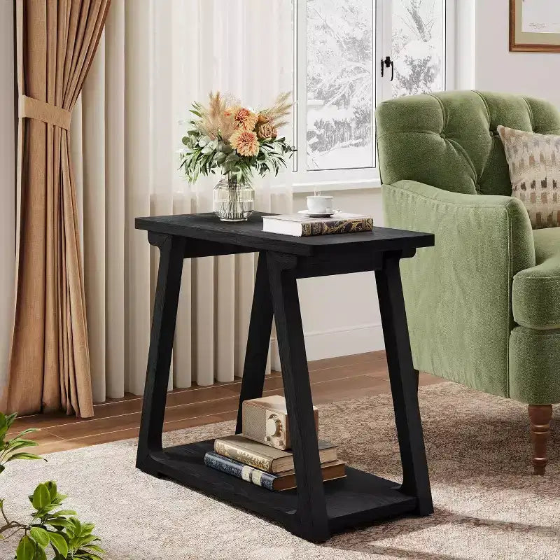 Lantine 2-Tier Solid Wood End Table, Rectangle Farmhouse Narrow Side Table with Trapezoidal Base for Living Room, Easy Assembly