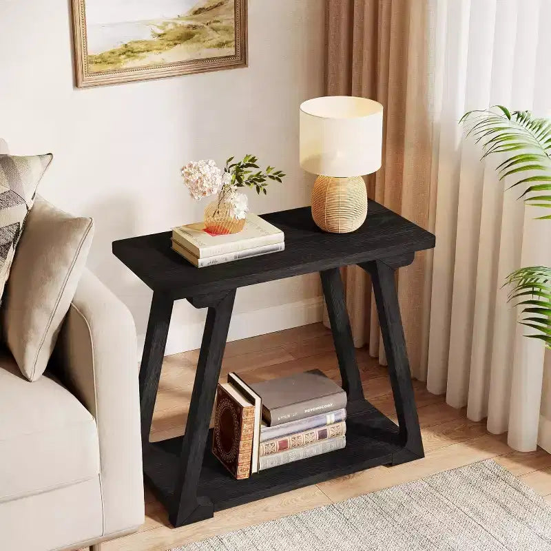 Lantine 2-Tier Solid Wood End Table, Rectangle Farmhouse Narrow Side Table with Trapezoidal Base for Living Room, Easy Assembly